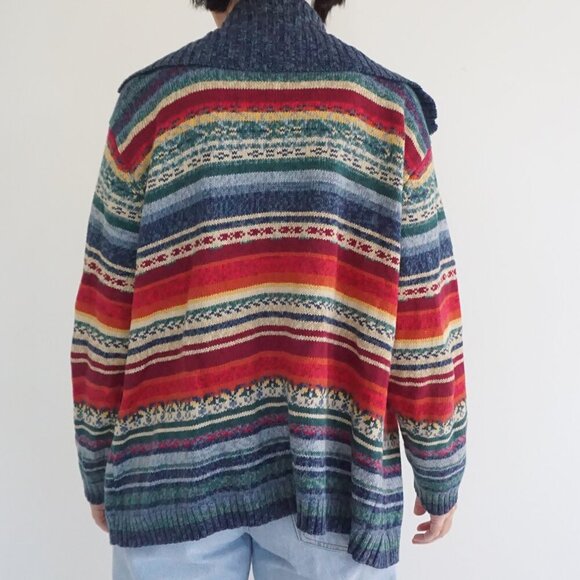 Vintage Tiara Blue Stripe Zip Front Knit Cardigan Cabincore Eclectic Grandpa M - Picture 2 of 9